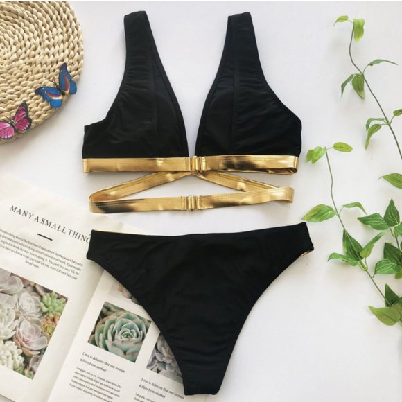 HP!! BLACK AND GOLD CROSS HOLLOW BANDAGE BIKINI - Picture 5 of 6